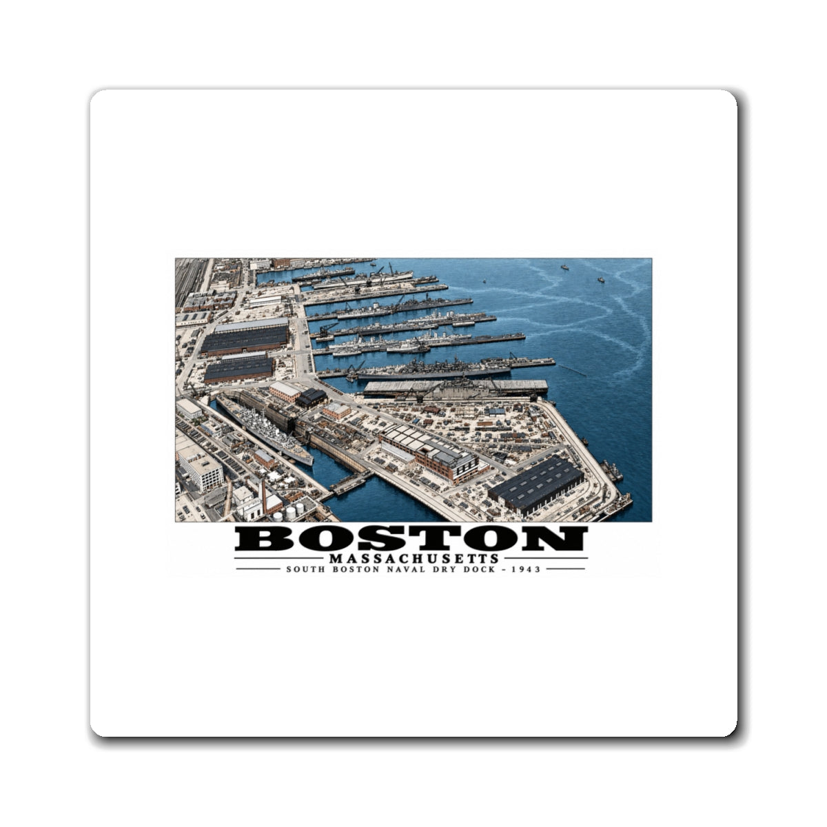 Aerial view of US Naval Dry Dock-BB-61 USS IOWA in dry dock #3-USS BUNKER HILL at East Jetty-AP-21 USS WAKEFIELD at pier 4 in Magnet - Boston Harbor