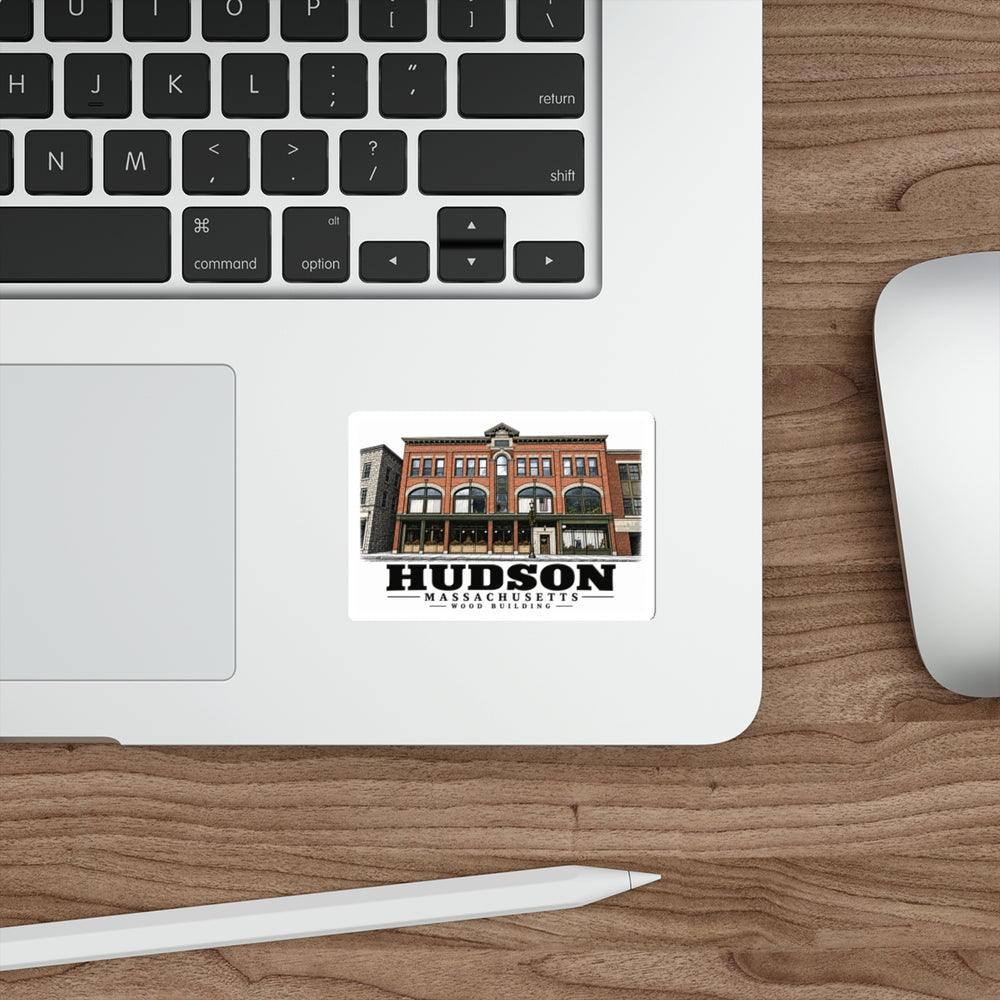Illustrated Wood Building in Hudson on die-cut sticker