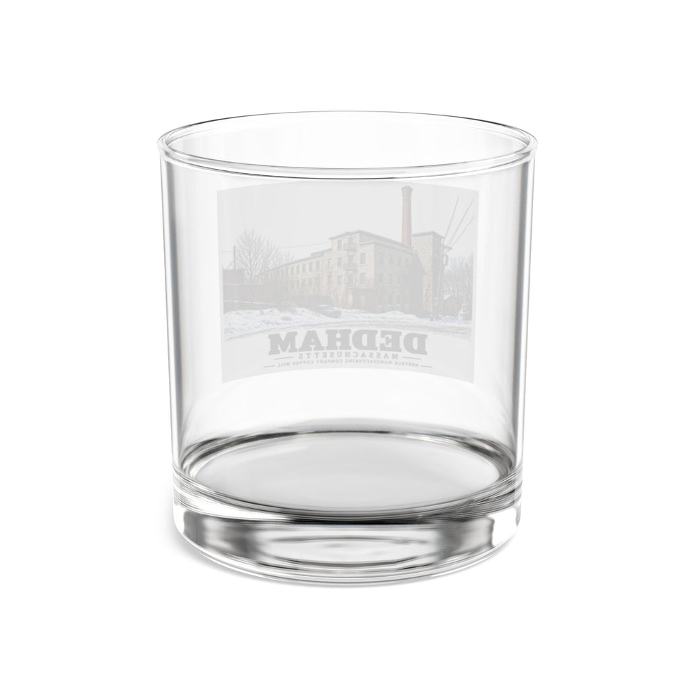 Illustrated Norfolk Manufacturing Company Cotton Mill in Dedham on rocks glass