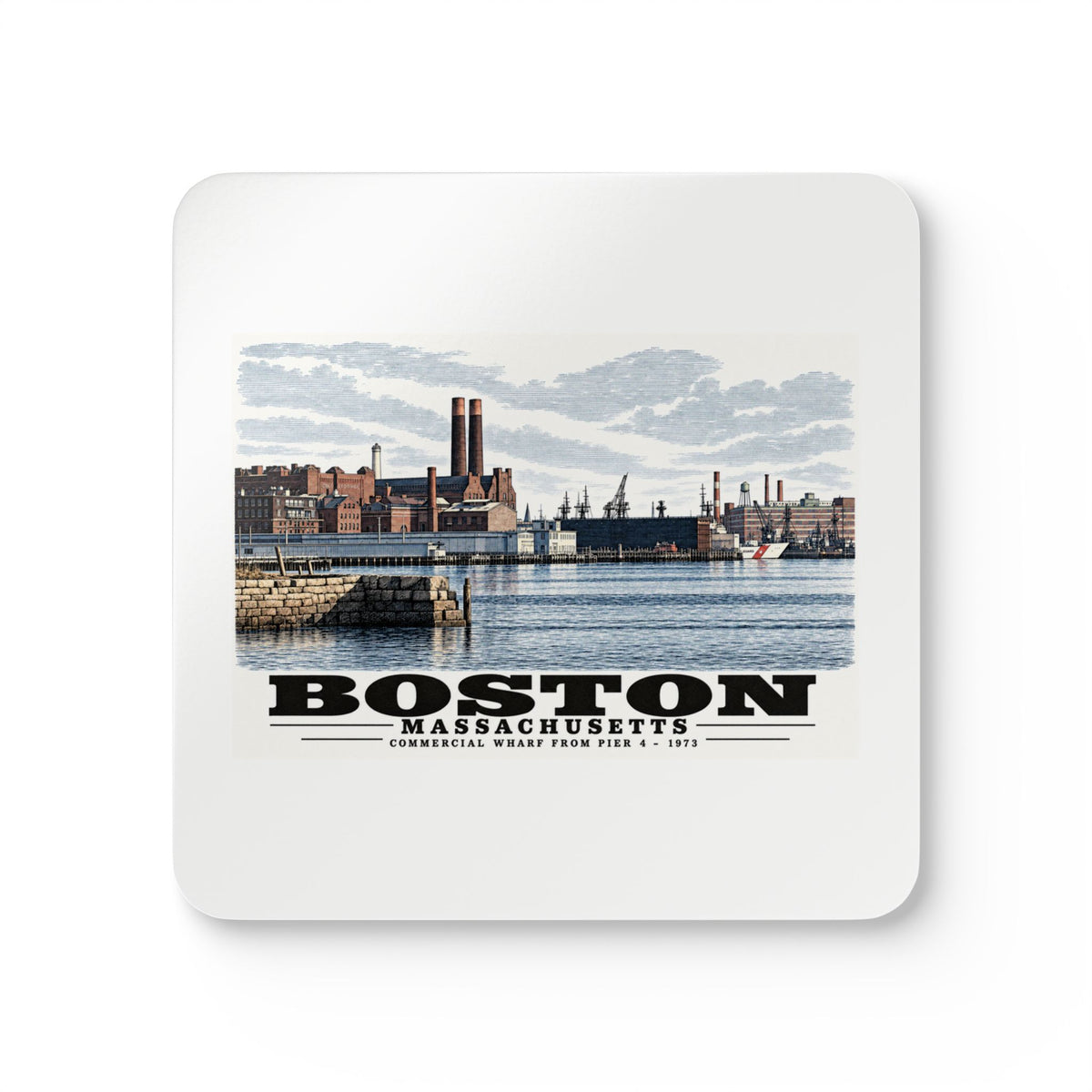 White square coaster showing Commercial Wharf waterfront buildings, twin chimneys and harbor water artwork and Boston lettering
