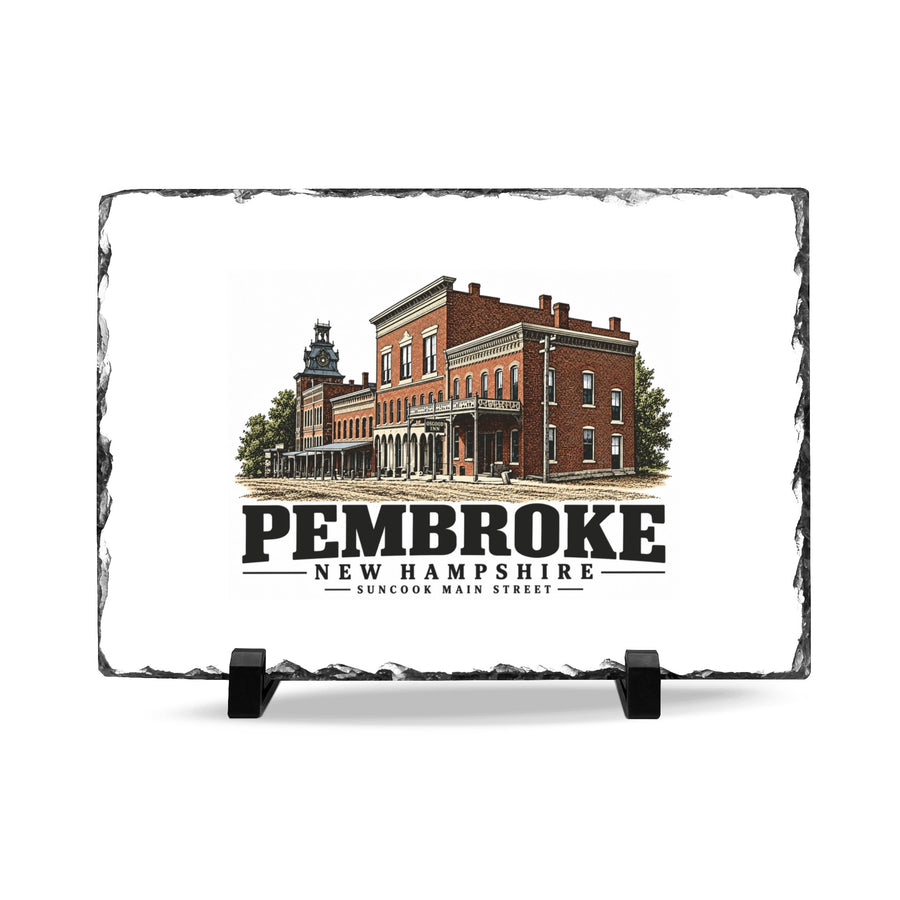 Illustrated Main Street clocktower commercial streetscape in Pembroke on slate desk plaque