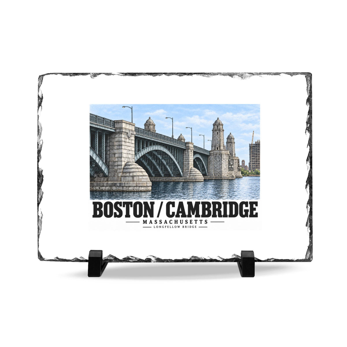 Slate plaque on two black supports with Longfellow Bridge artwork and Boston/Cambridge lettering.