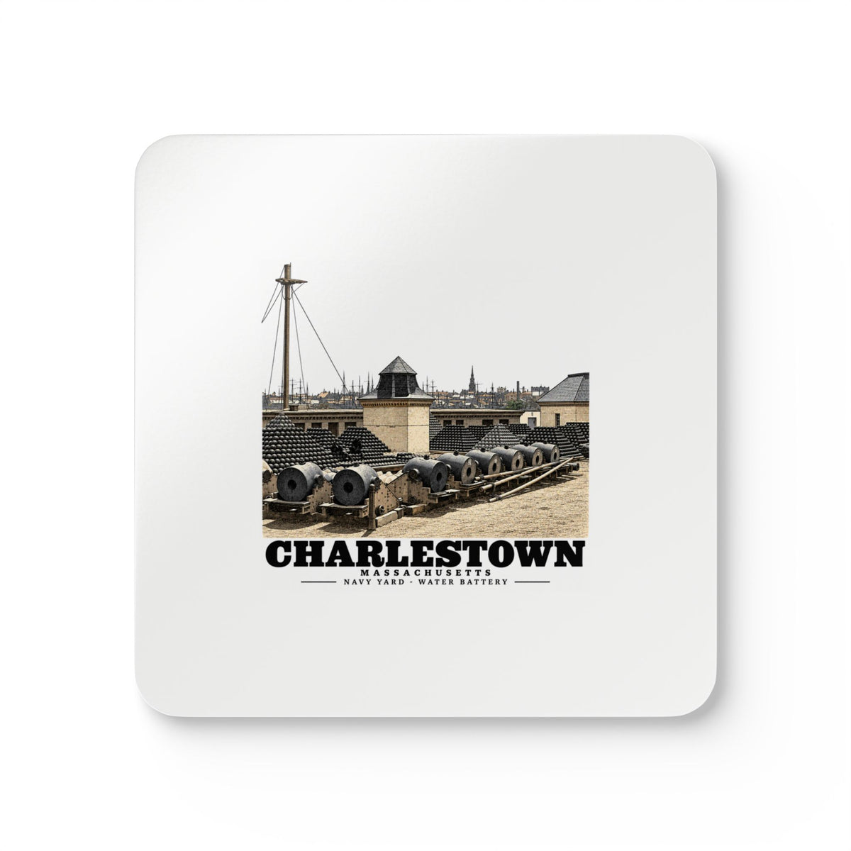 Front of four-piece coaster set with Water Battery artwork and Charlestown lettering