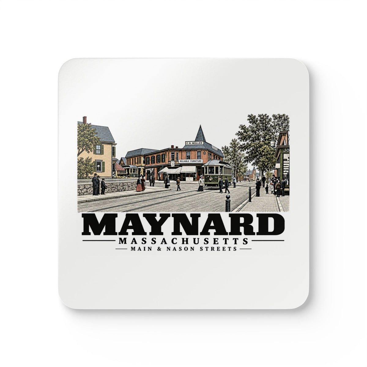 Illustrated Main & Nason Streets in Maynard on corkwood coaster set