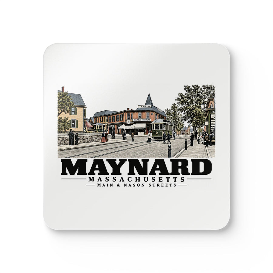 Illustrated Main & Nason Streets in Maynard on corkwood coaster set