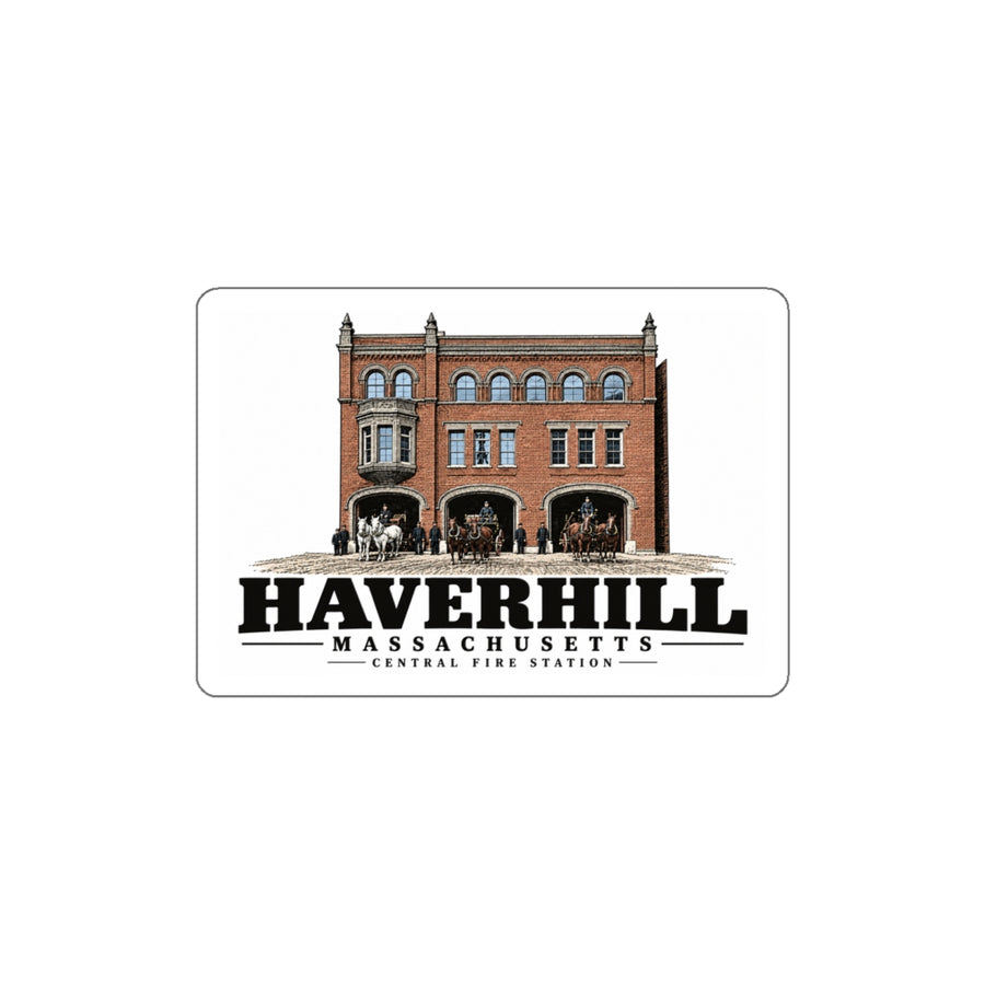 Front of Central Fire Station white die-cut sticker, with Haverhill, Massachusetts artwork and lettering.