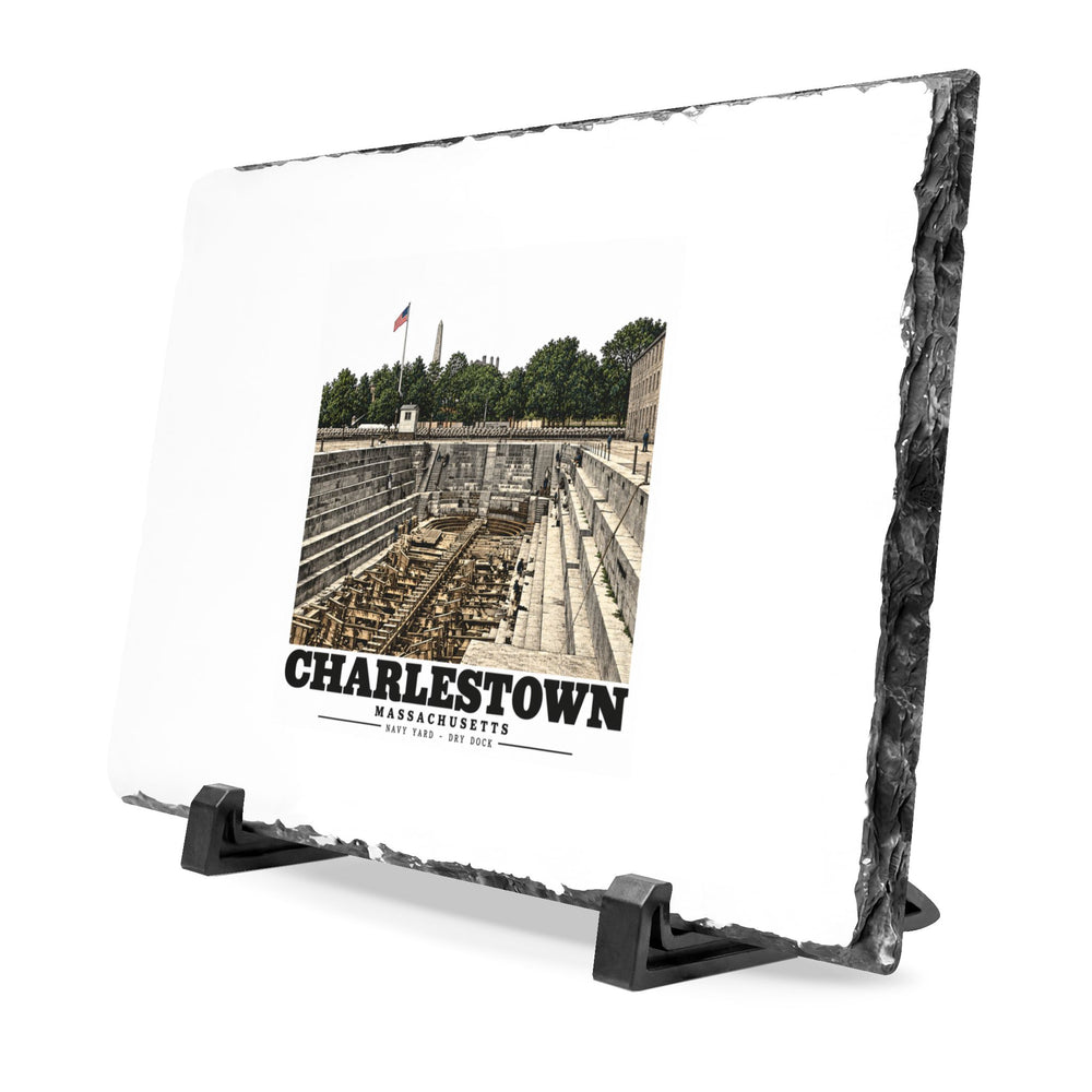 Angled dry-dock slate plaque showing chiseled edge and display stand