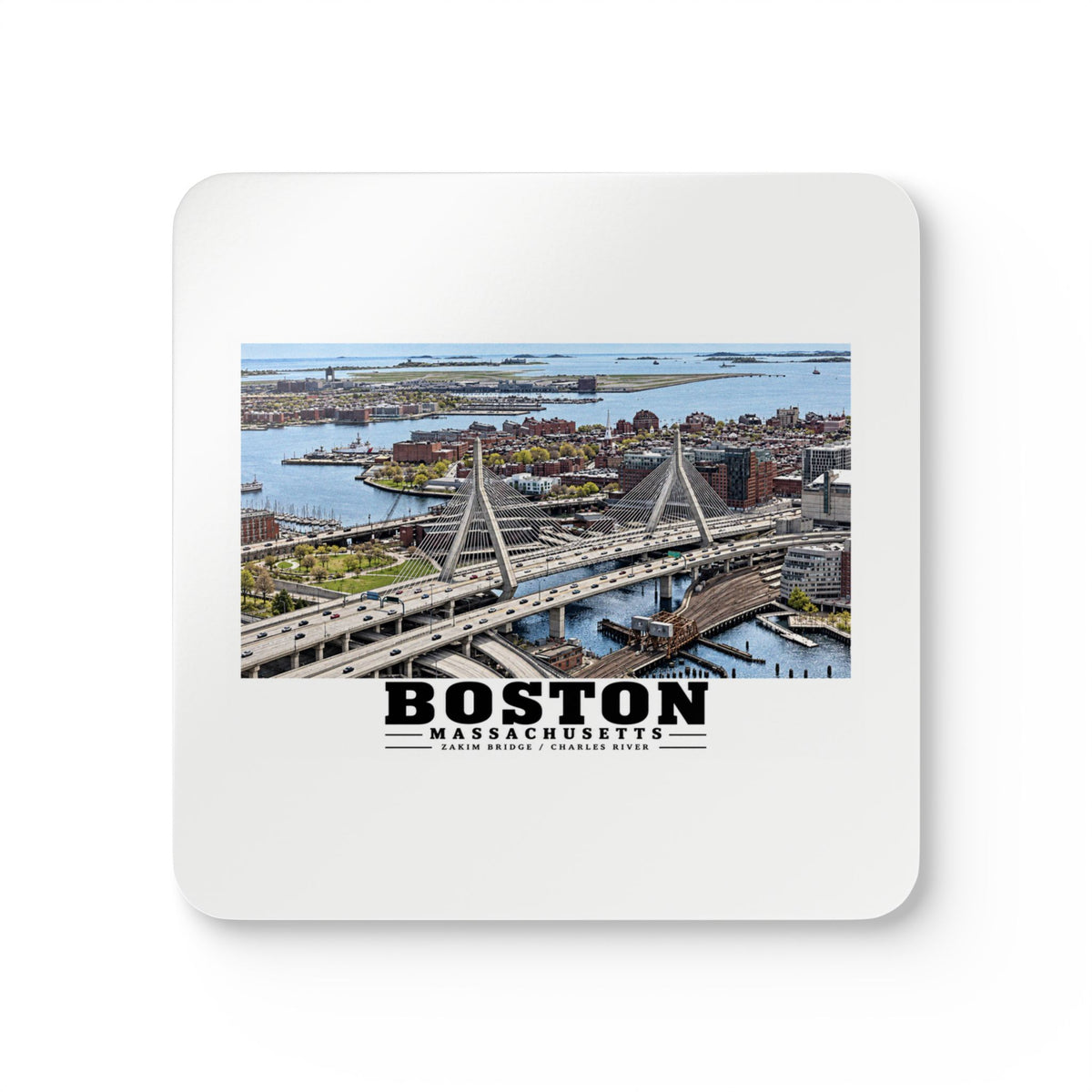 Aerial view of Boston with Zakim Bridge across Charles Cork Back Coaster Set - Charles River