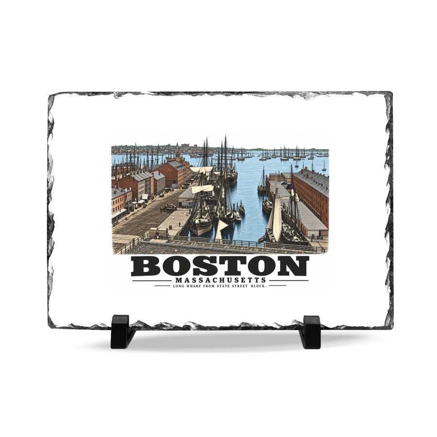 Long Wharf, from State St. block 7 × 11 in Slate Desk Plaque - Boston Harbor