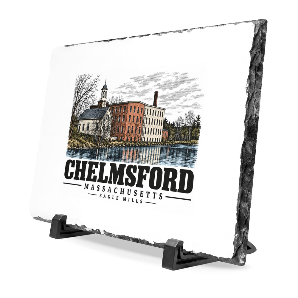 Angled front on display stands of Eagle Mills slate desk plaque, with Chelmsford, Massachusetts artwork and lettering.