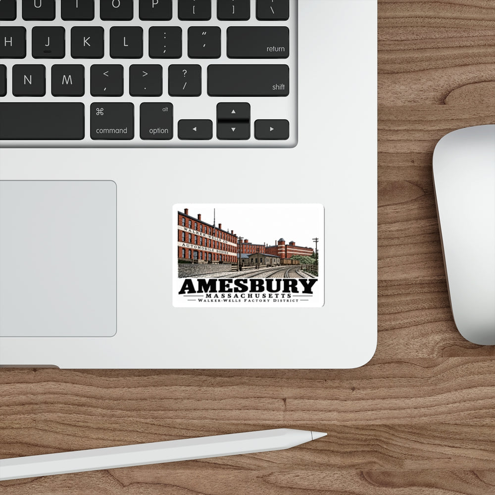 Laptop display of Walker-Wells Factory District white die-cut sticker, Amesbury, Massachusetts.