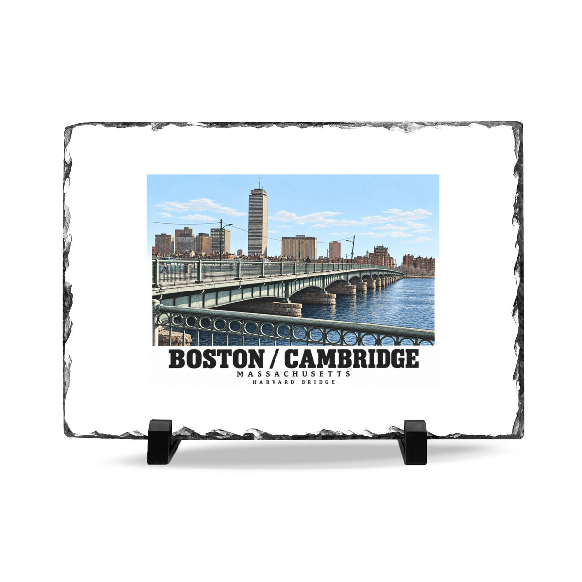 Slate plaque with Harvard Bridge artwork and Boston/Cambridge lettering, a rough dark border and two supports