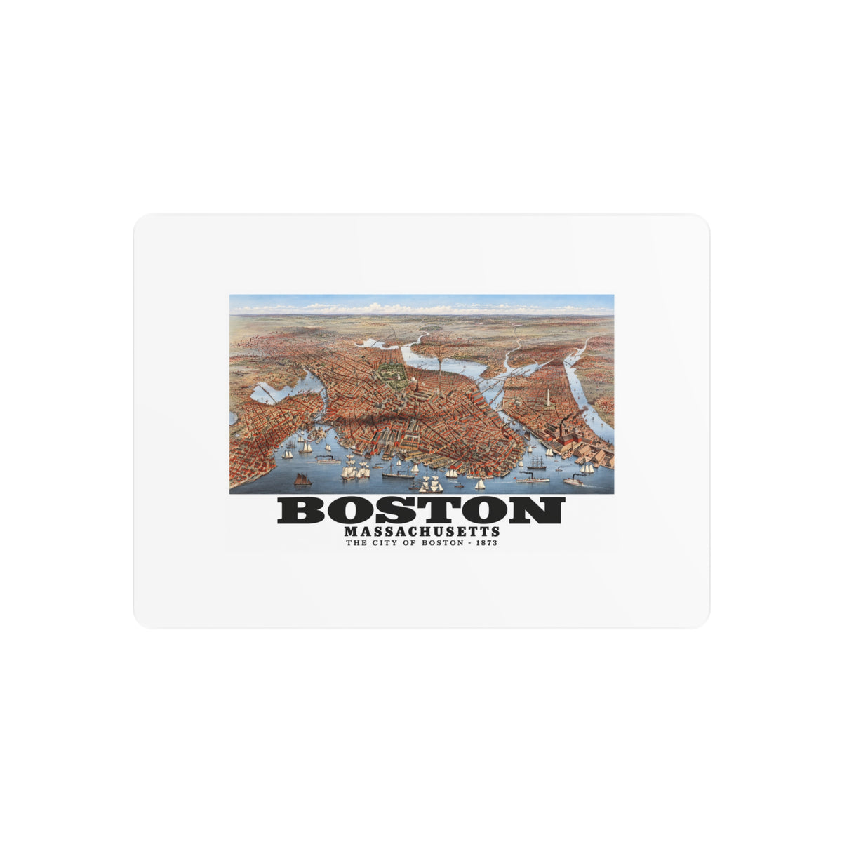Metal wall print showing historic Boston city and waterways bird-eye panorama artwork and Boston lettering