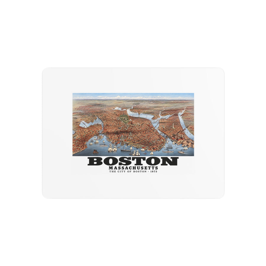 Metal wall print showing historic Boston city and waterways bird-eye panorama artwork and Boston lettering