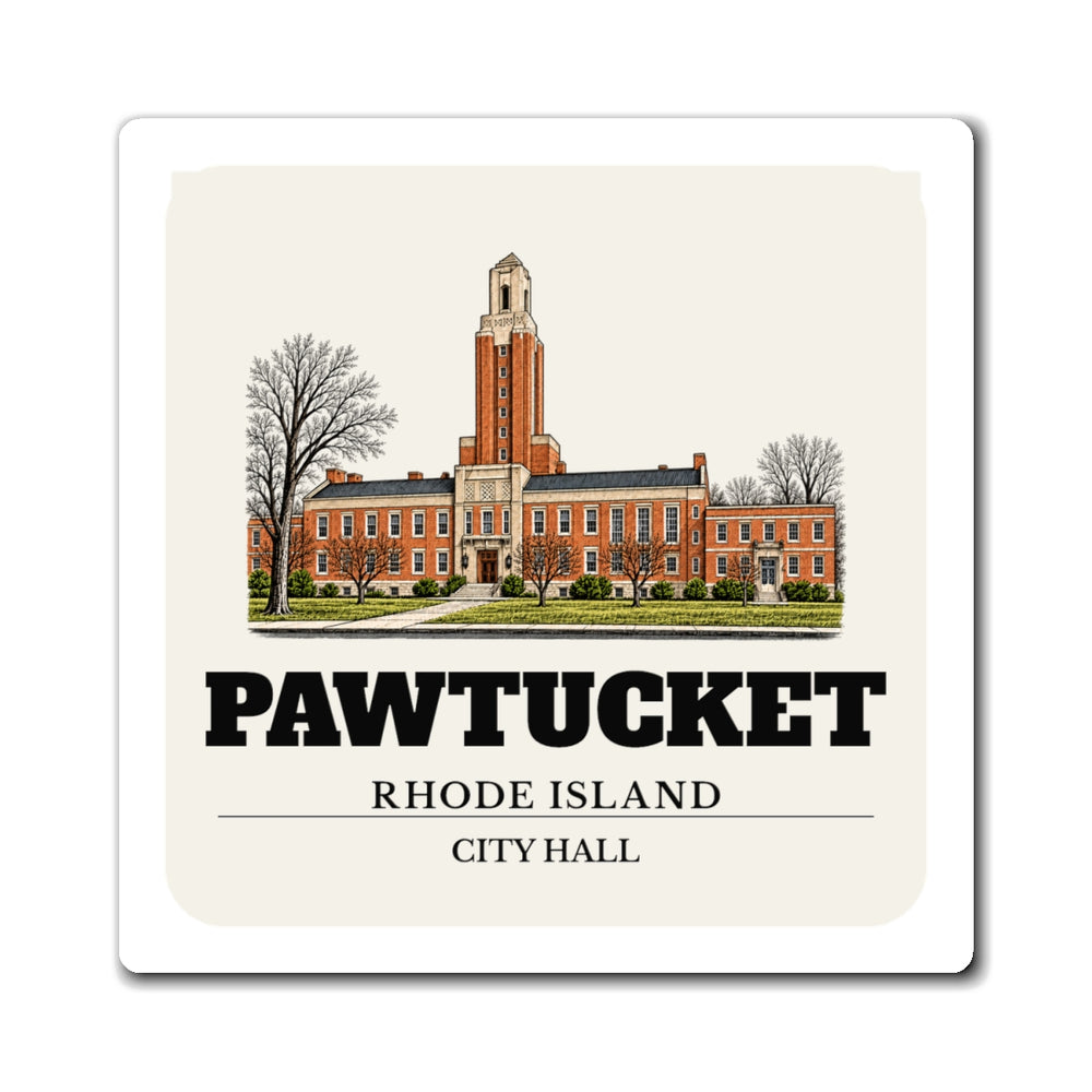 Pawtucket City Hall 4 inch magnet shown on a refrigerator
