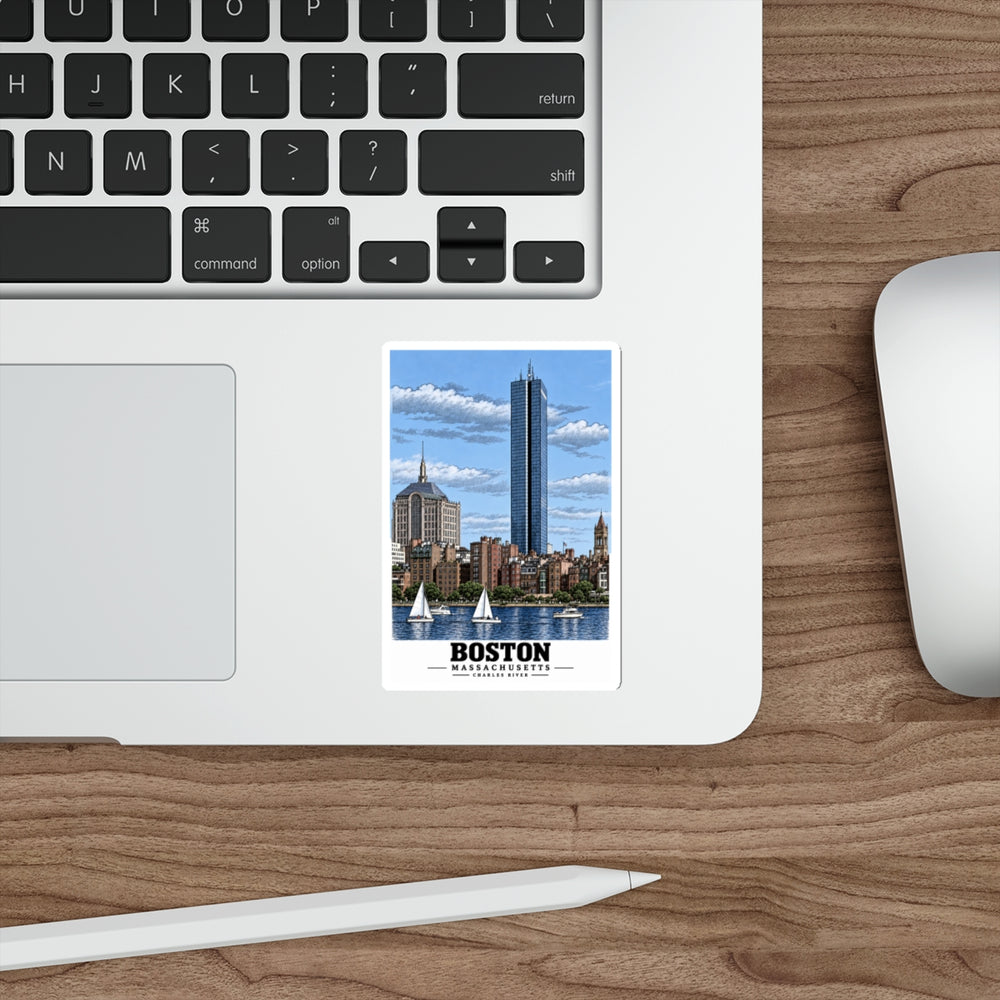 Illustrated Boston, Massachusetts, from the Charles River in Boston and Cambridge on die-cut sticker
