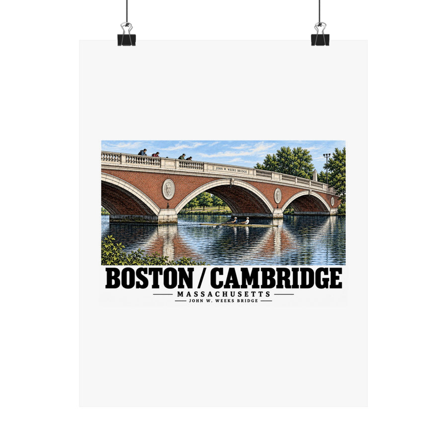 John W. Weeks Bridge and scullers poster with Boston/Cambridge lettering hanging from two binder clips