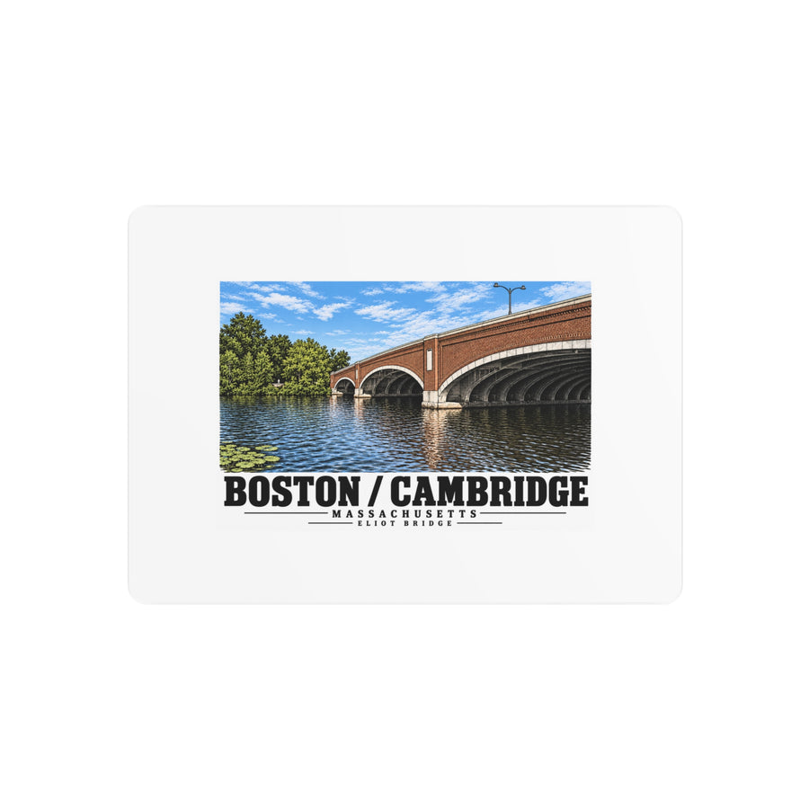 Metal wall print showing Eliot Bridge close red brick arch view artwork and Boston/Cambridge lettering