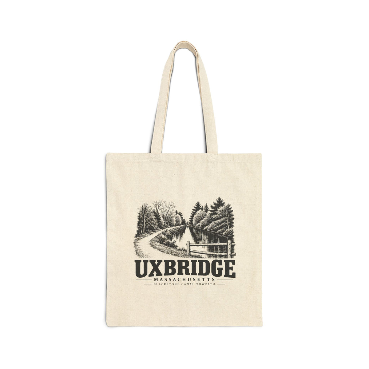 Natural canvas tote with Uxbridge Tow Path artwork, front view