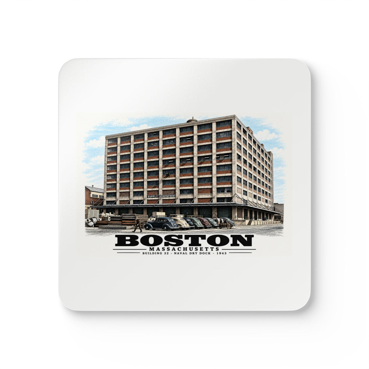 Building #32 US Naval Dry Dock, South Boston, Completed 3/1943 Cork Back Coaster Set - Boston Harbor