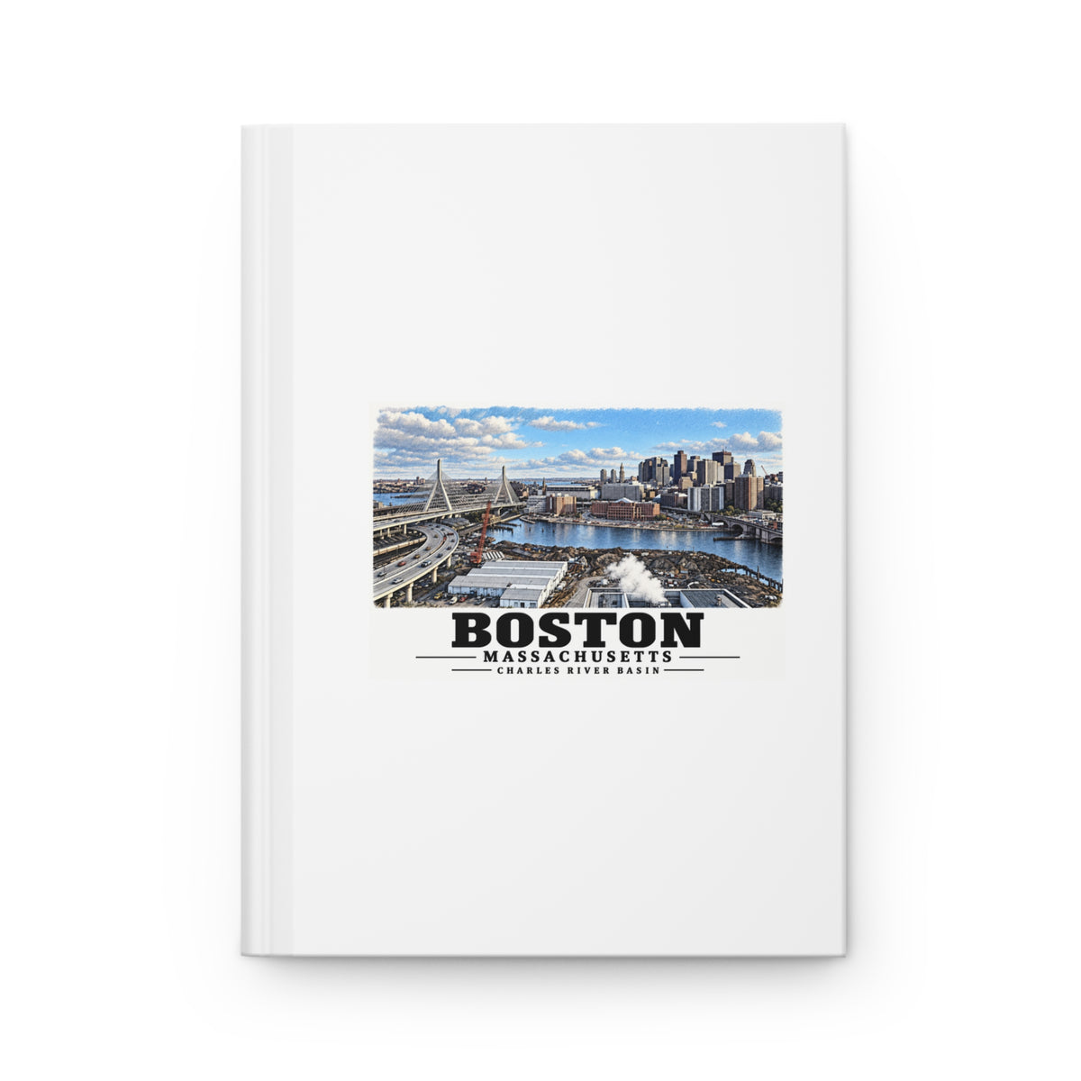 White hardcover journal with Boston skyline, cable-stayed bridge and Charles River basin artwork and Boston lettering