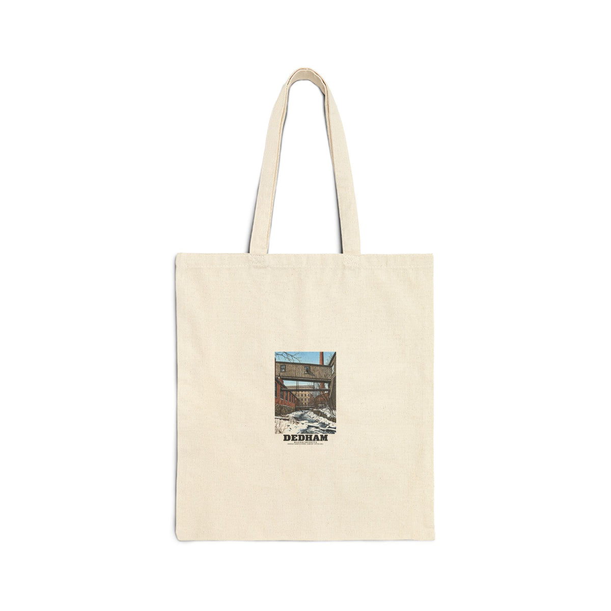 Front view of the natural cotton canvas tote with Dedham Norfolk Manufacturing Company Cotton Mill artwork.