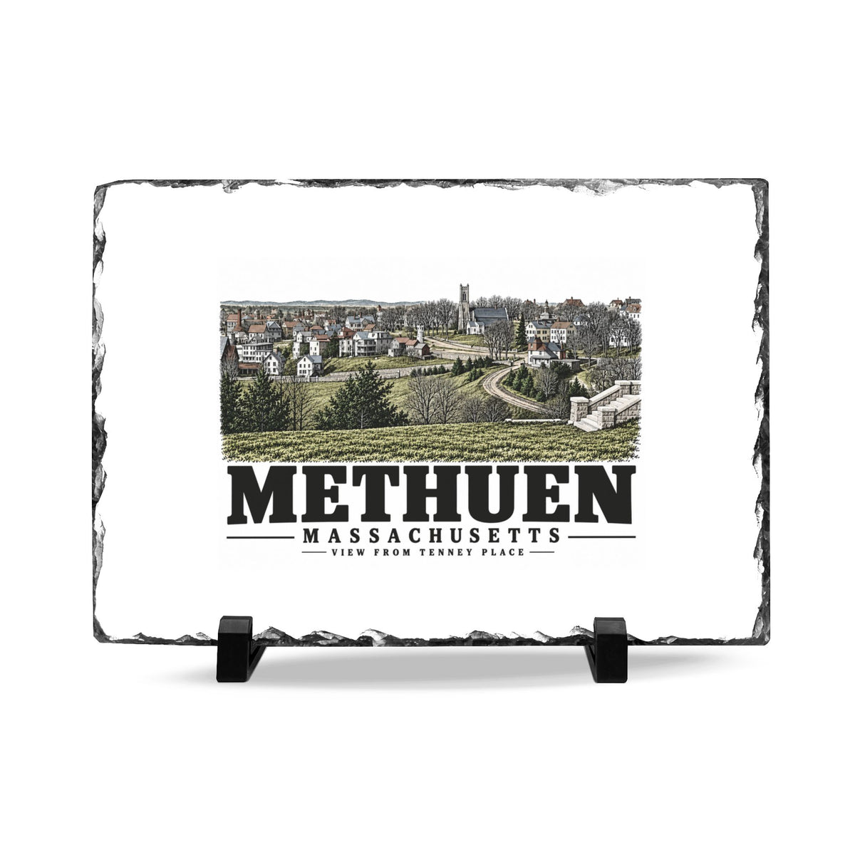 Front on display stands of View from Tenney Place slate desk plaque, with Methuen, Massachusetts artwork and lettering.