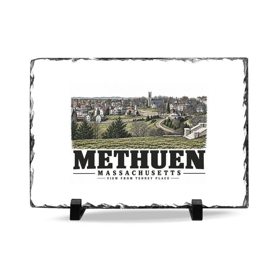 Front on display stands of View from Tenney Place slate desk plaque, with Methuen, Massachusetts artwork and lettering.