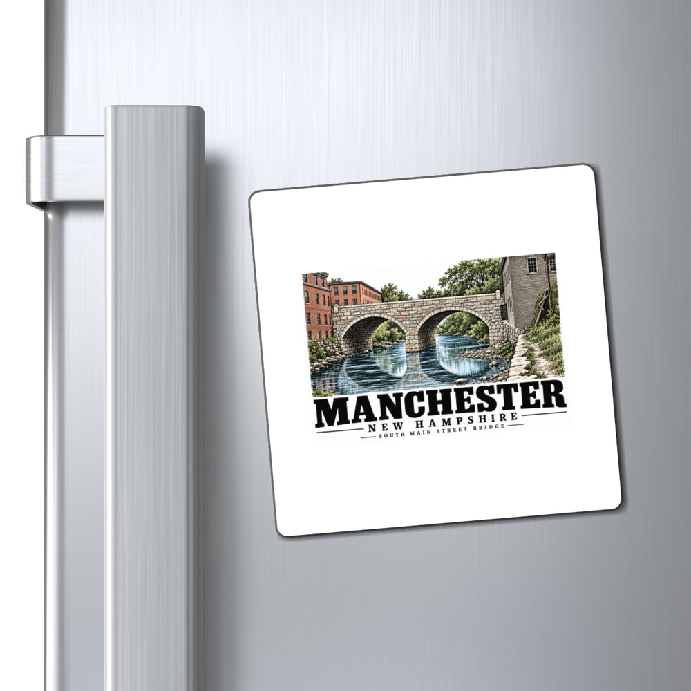 Refrigerator display of South Main Street Bridge square magnet, with Manchester, New Hampshire artwork and lettering.