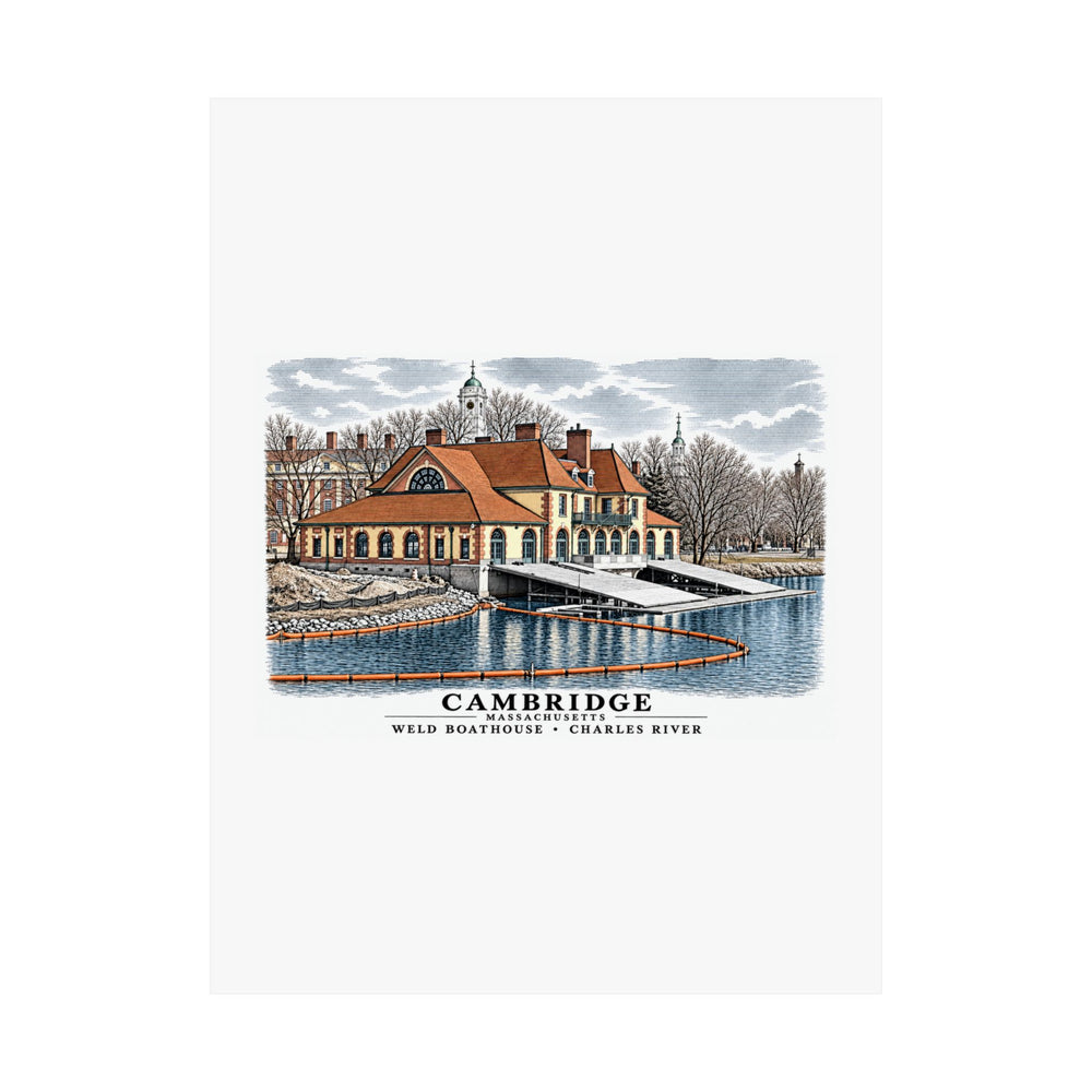 Weld Boathouse, 971 Memorial Drive, beside Anderson Bridge Matte Heritage Poster — 11 × 14 and 18 × 24 in - Charles River