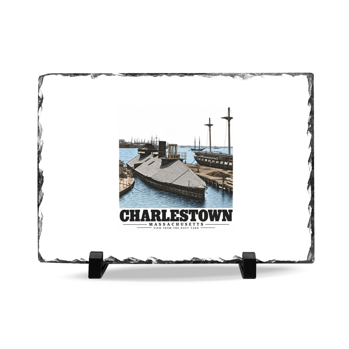 Front of 11 x 7 inch slate plaque with Navy Yard waterfront artwork and Charlestown lettering
