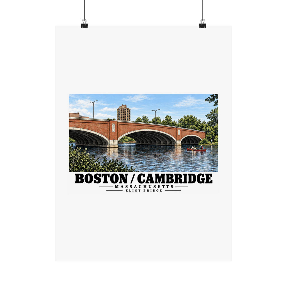 Eliot Bridge red brick arches and boats poster with Boston/Cambridge lettering hanging from two binder clips