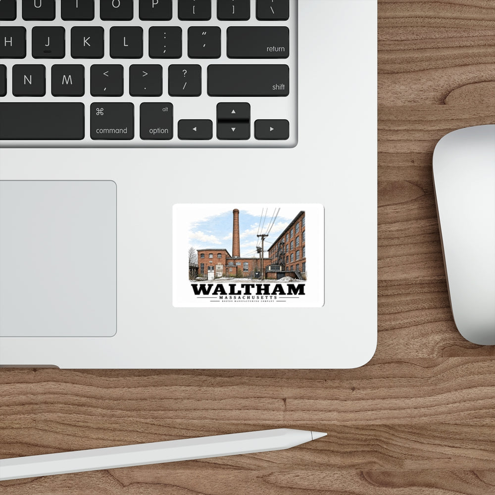 Illustrated Boston Manufacturing Company in Waltham on die-cut sticker