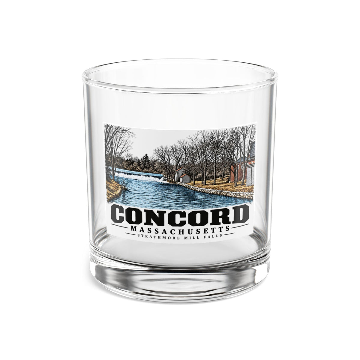 Illustrated Strathmore Mill Falls in Concord on rocks glass