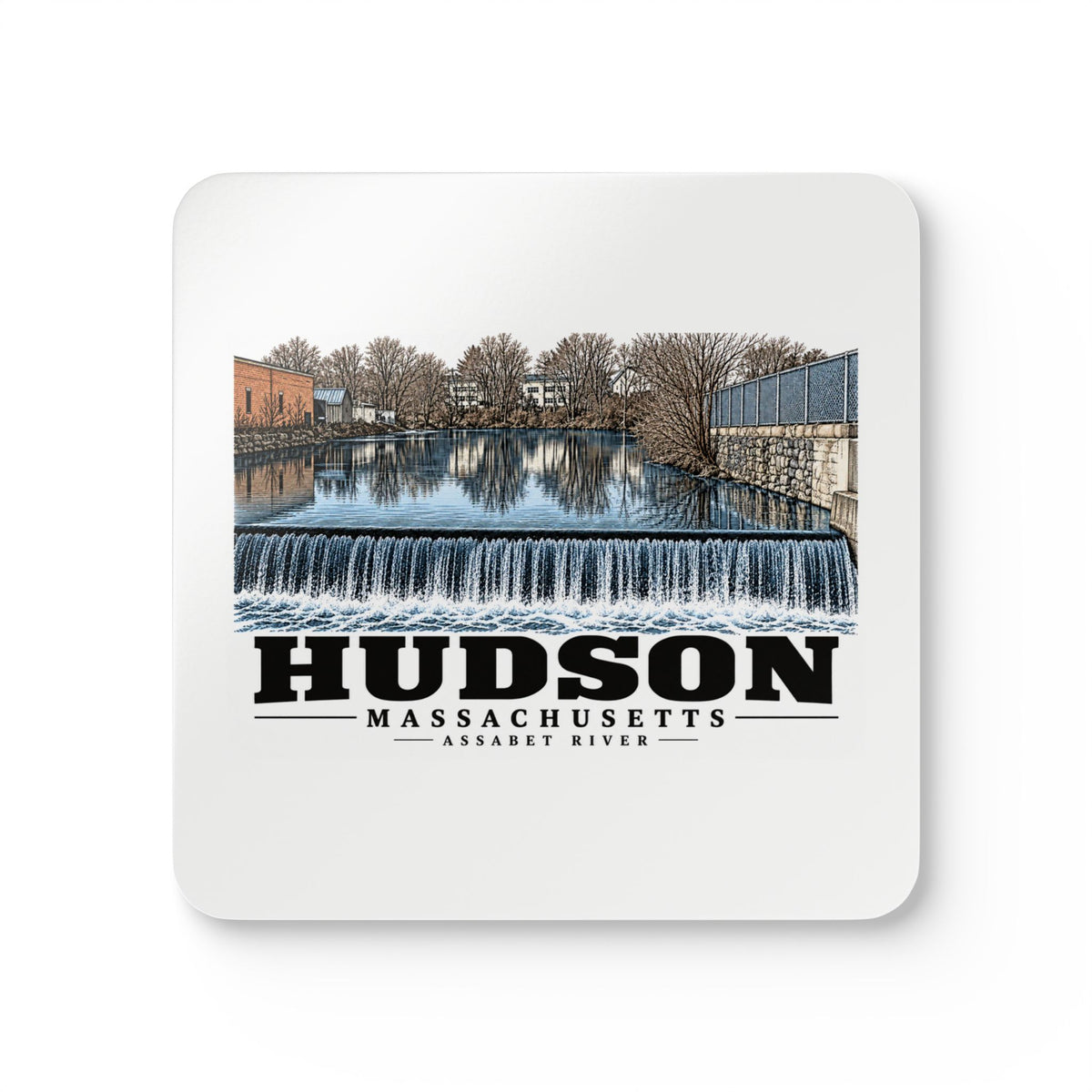 Illustrated Assabet River in Hudson on corkwood coaster set