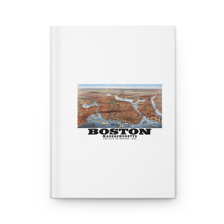 White hardcover journal with historic Boston city and waterways bird-eye panorama artwork and Boston lettering
