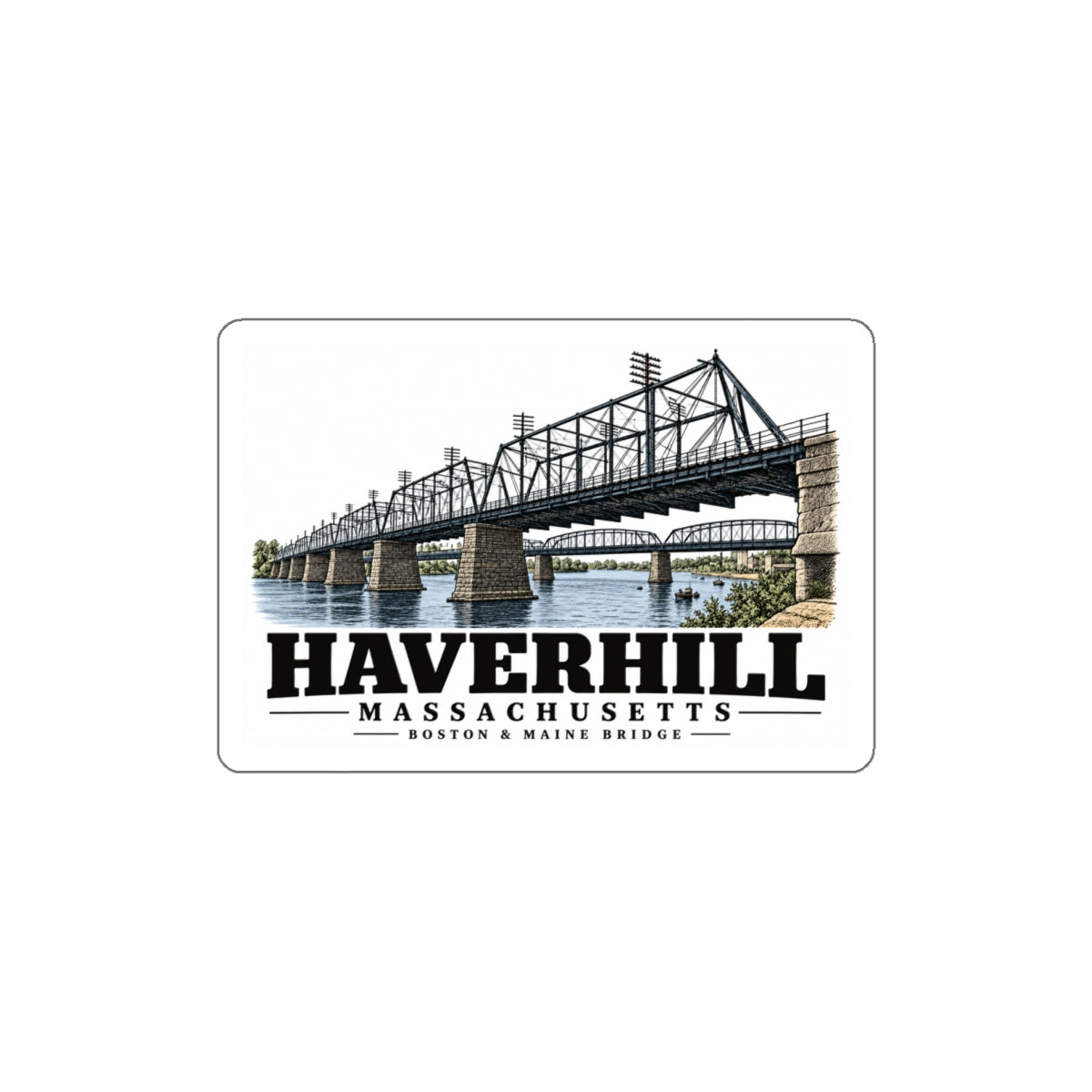Front of Boston & Maine Bridge white die-cut sticker, with Haverhill, Massachusetts artwork and lettering.