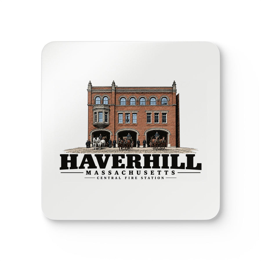 Haverhill Central Fire Station with horse-drawn apparatus Cork Back Coaster Set - Merrimack Valley Goods