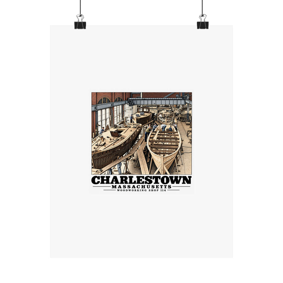 11 x 14 inch matte poster hanging from clips with small-boat building and Charlestown artwork