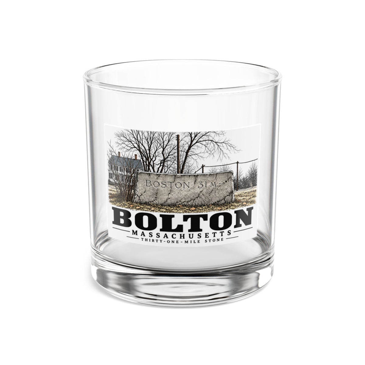 Illustrated Thirty-One-Mile Stone in Bolton on rocks glass