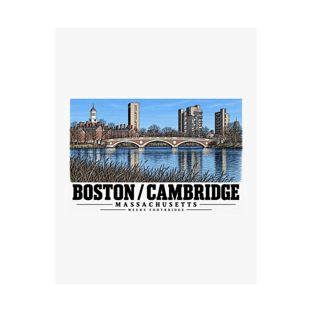 Flat Weeks Footbridge stone arches and riverside towers poster with Boston/Cambridge lettering