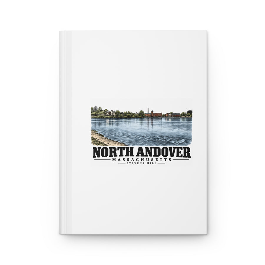 Front cover of Stevens Mill matte hardcover journal, with North Andover, Massachusetts artwork and lettering.