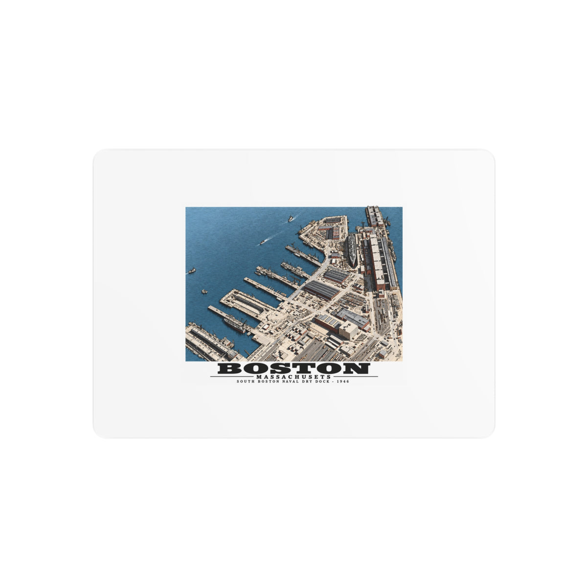 Aerial view of US Naval Dry Dock, South Boston showing development of facilities.  HMS QUEEN MARY in Dry Dock #3 7 × 5 in Horizontal Metal Wall Art - Boston Harbor