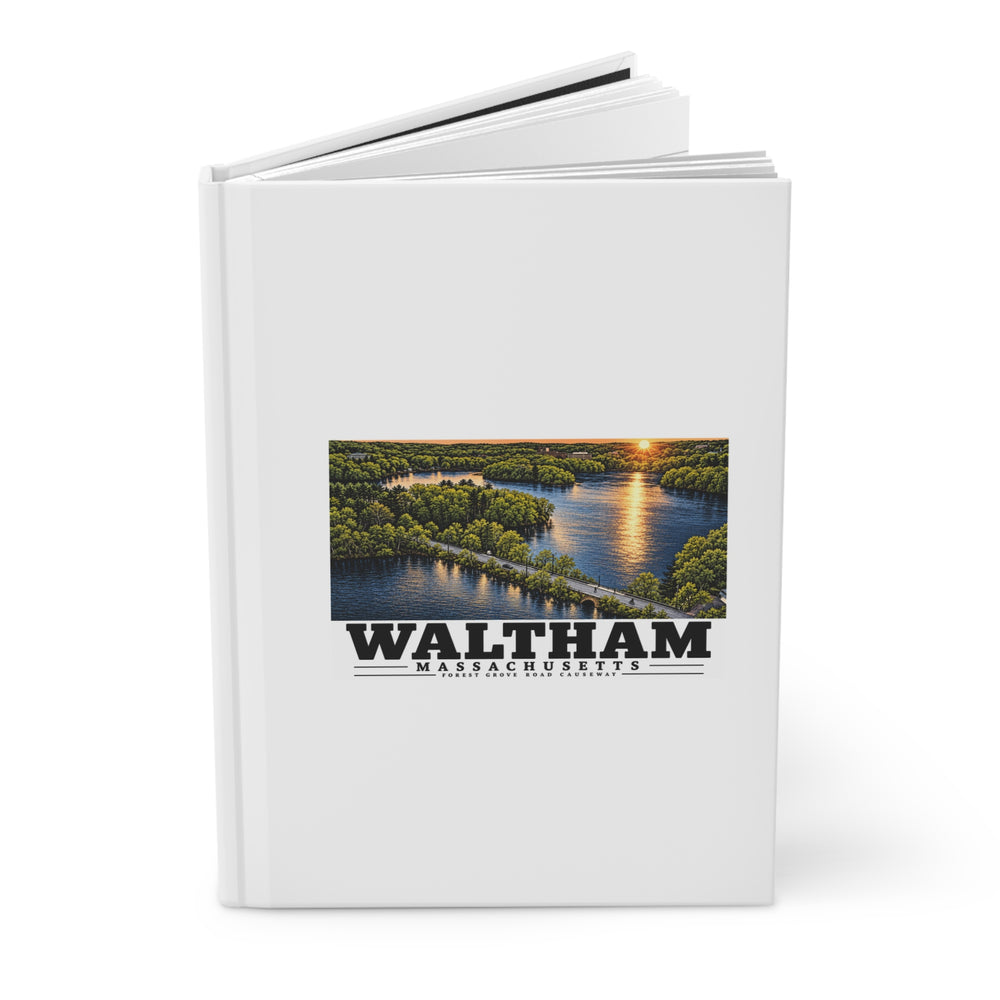 Angled view of the Forest Grove Road Causeway hardcover journal with pages slightly open.