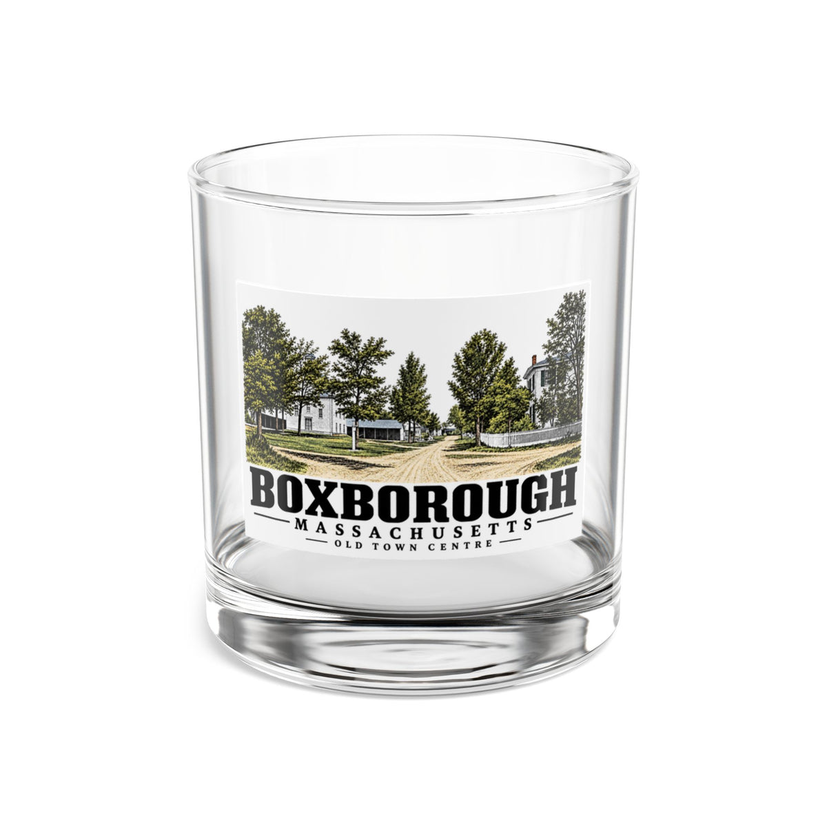 Illustrated Old Town Centre in Boxborough on rocks glass
