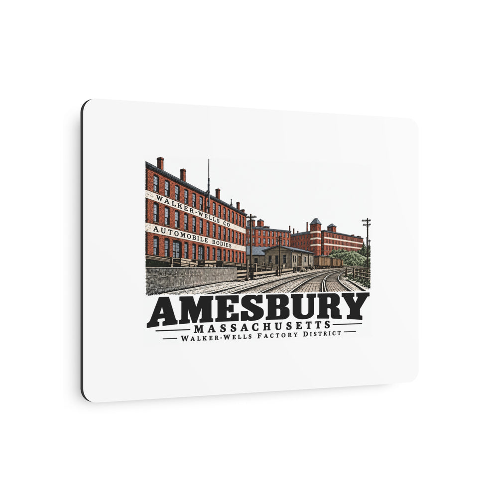Angled front of Walker-Wells Factory District horizontal metal wall art, Amesbury, Massachusetts.