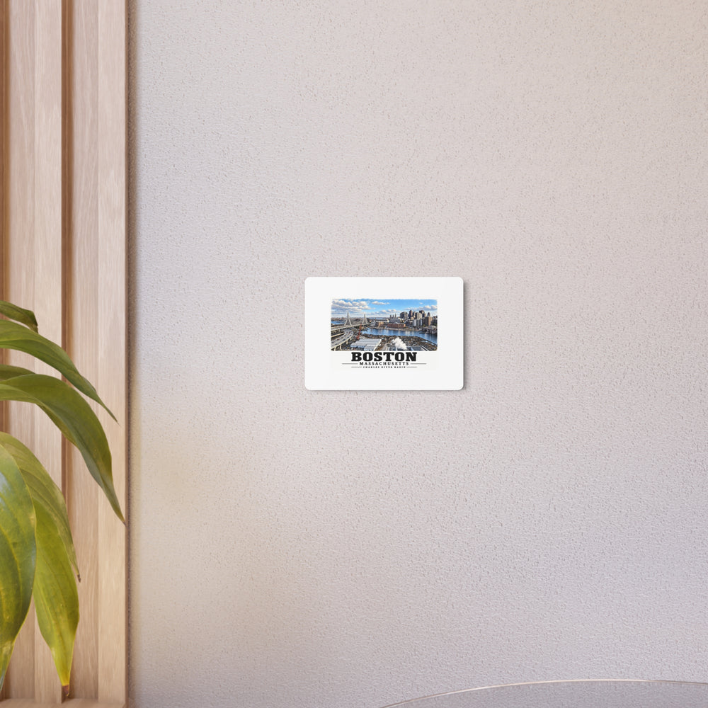 Boston skyline, cable-stayed bridge and Charles River basin metal print on a beige wall beside a plant