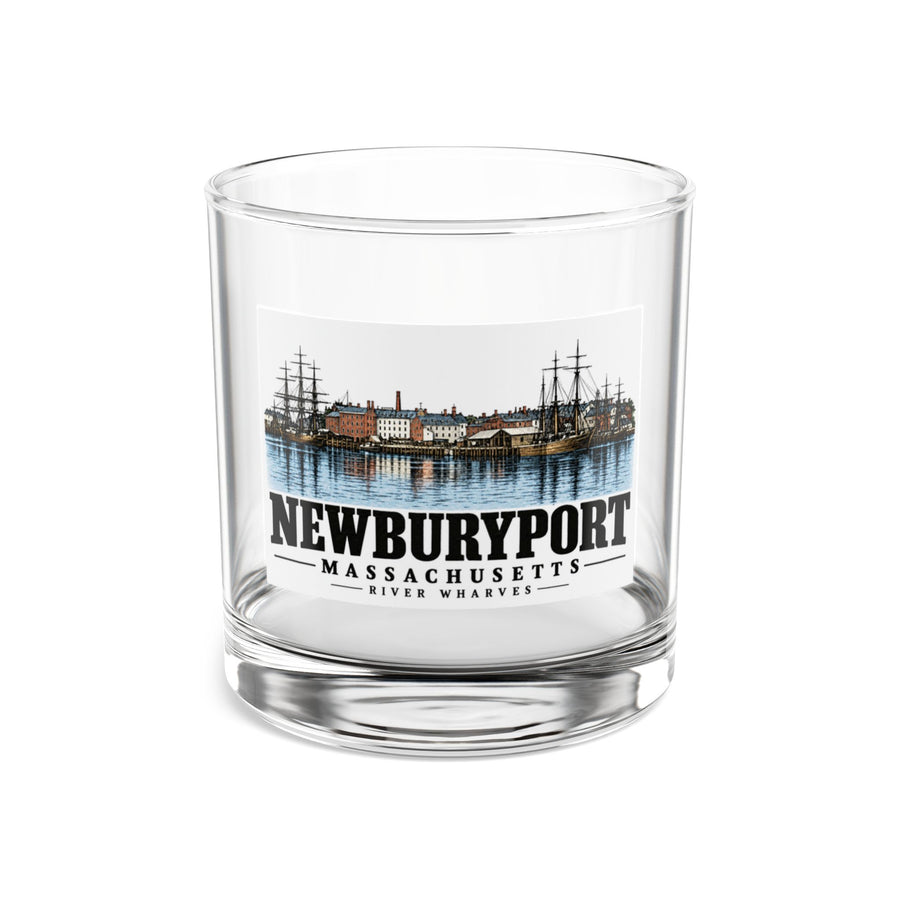 Front of River Wharves rocks glass, with Newburyport, Massachusetts artwork and lettering.