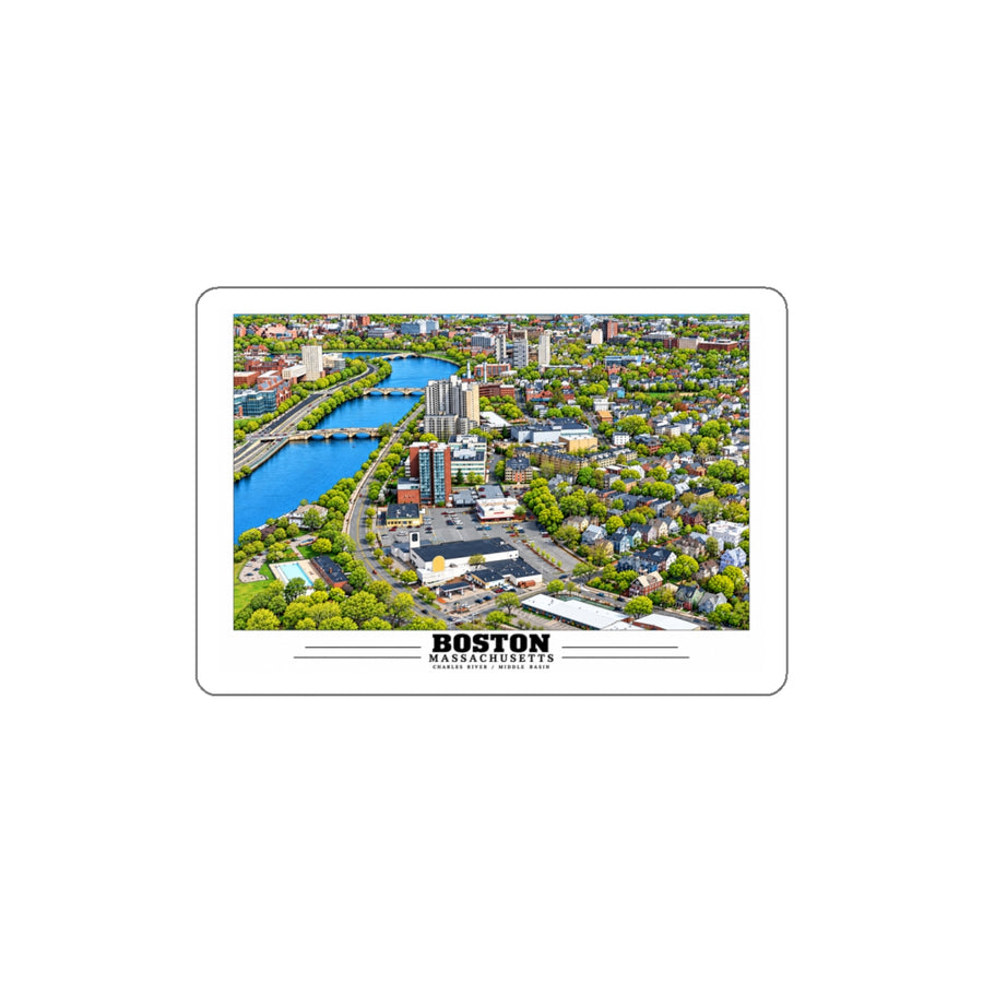 White bordered sticker showing Charles River aerial city view with bridges, buildings and green trees artwork and Boston lettering