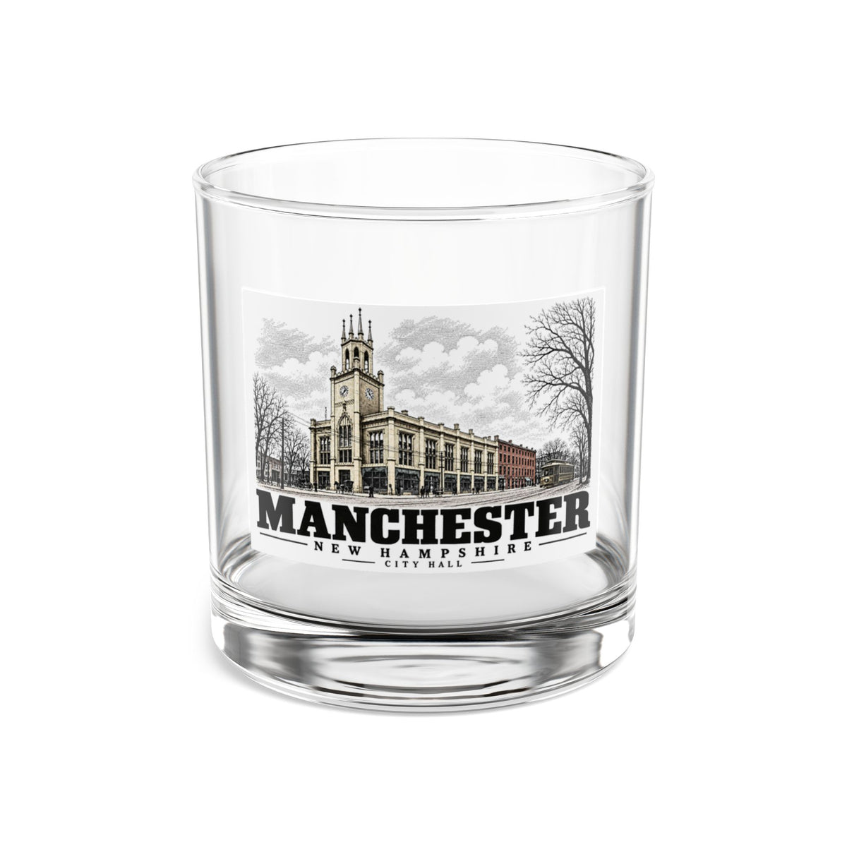 Manchester City Hall, Manchester illustration on 10 oz rocks glass — front view